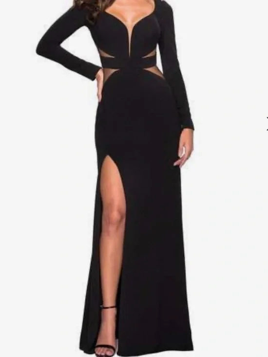 La Femme Black Long-Sleeve Cutout Maxi Gown with High Slit - Picture 1 of 6